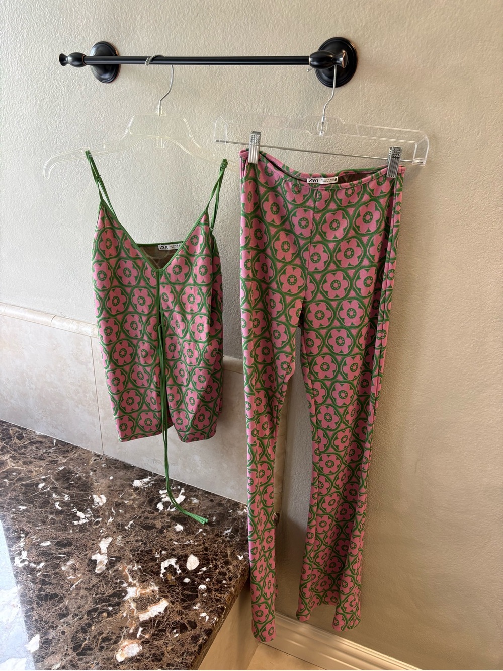 Zara Pink and Green Floral Cami Top & Slim Pants Set